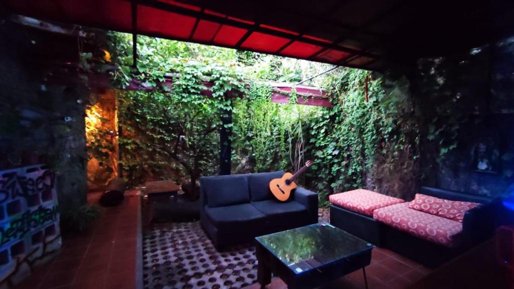 MunroChenille House HOSTAL con jardín y AC的带沙发和吉他的客厅