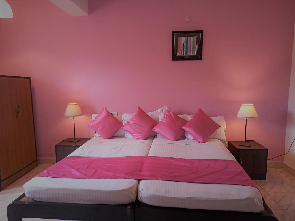 马焦茹达TGF Dream Guest House的卧室拥有粉红色的墙壁,配有一张带粉红色枕头的床