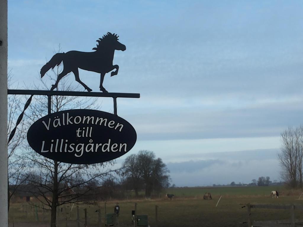 Vallåkra拉根丽丽花园乡村民宿的 ⁇ 上马跑的标志