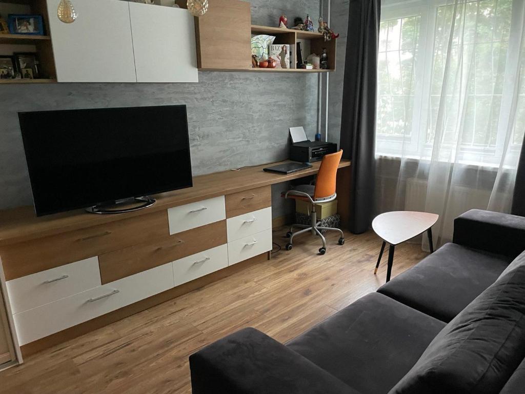 里加Modern Apartment suitable for longstays的客厅配有梳妆台上的平面电视