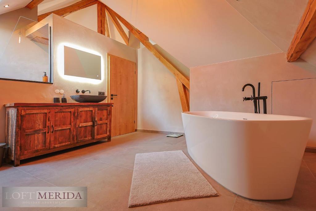 比特亨巴赫Loft Merida - Designer Apartment with Large Bathtub的带浴缸和盥洗盆的大浴室