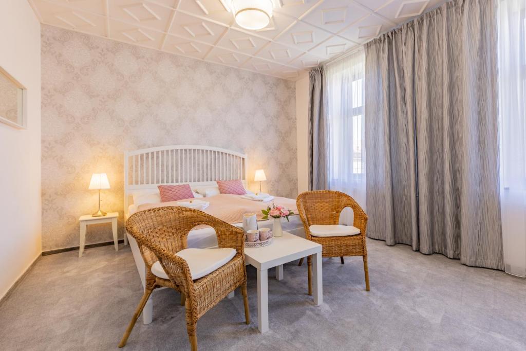捷克布杰约维采Hotel Amadeus的卧室配有一张床和一张桌子及椅子