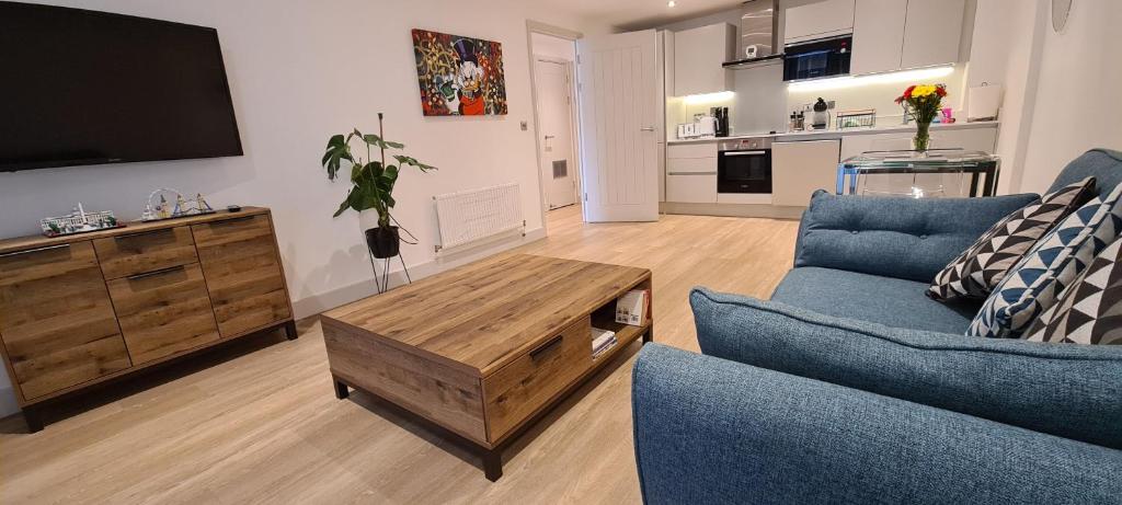 格洛斯特Luxury 1 Bedroom Waterside Apartment in Gloucester Docks的客厅配有蓝色的沙发和电视