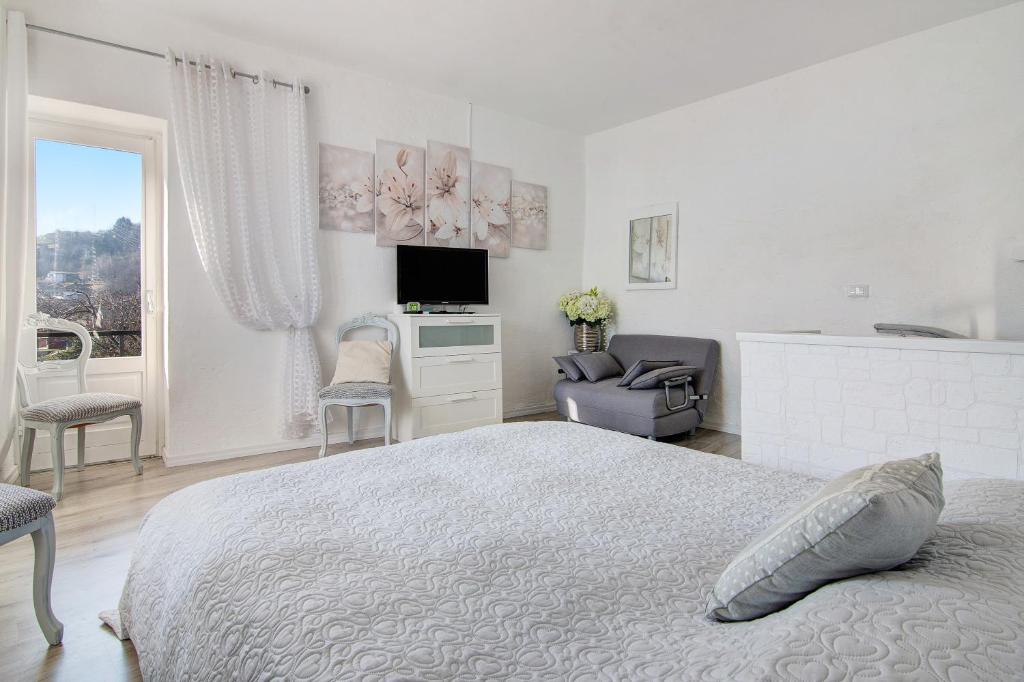 皮亚内洛德拉廖Casa sul Lago di Como的一间卧室配有一张床、一台电视和一把椅子