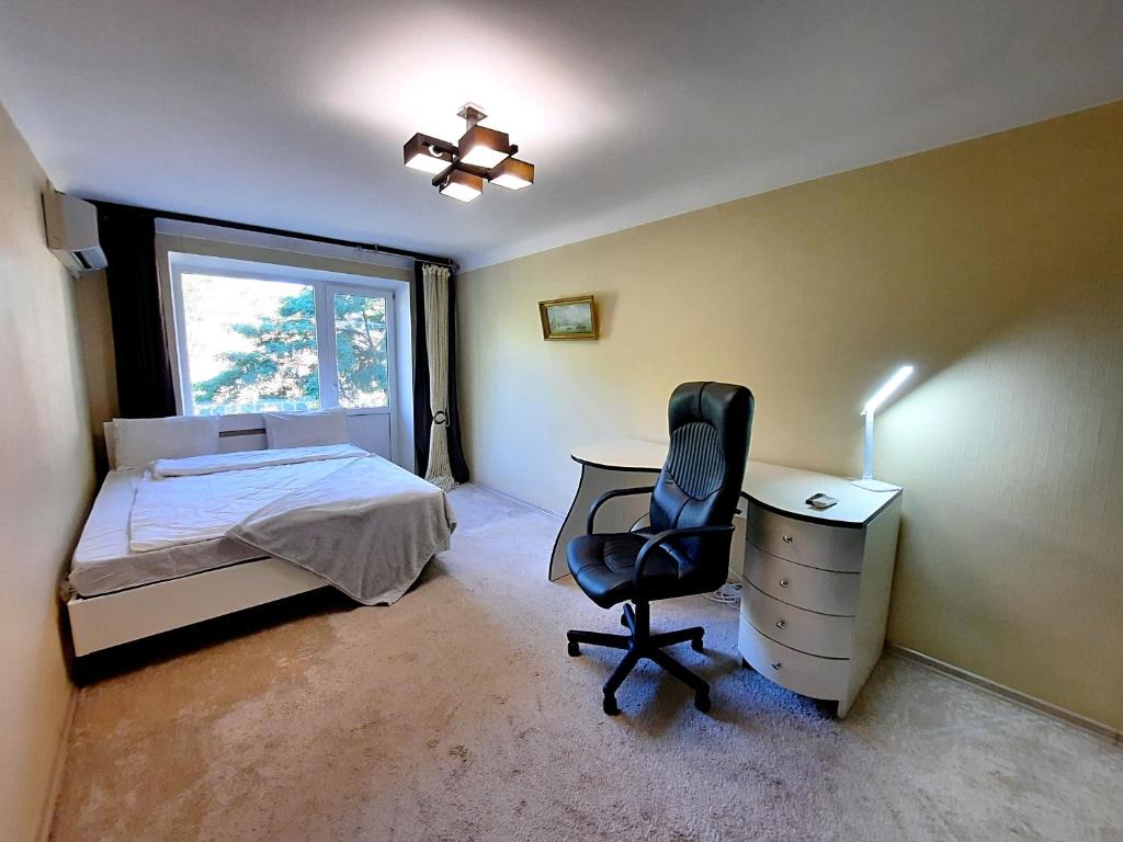 波尔塔瓦Один каштан Мережа Alex Apartments Безконтактне заселення 24-7的一间卧室配有一张床、一张桌子和一把椅子