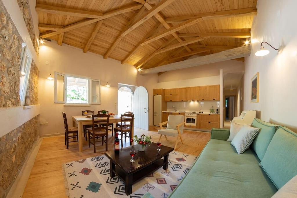 AlexandrosAVLI - Tranquil stonehouse in Lefkada的客厅配有绿色沙发和桌子