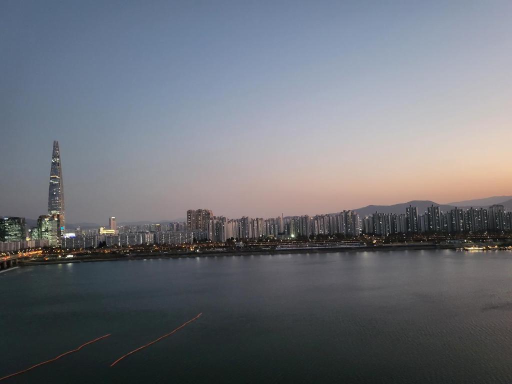 首尔Hangang River view Apartment的享有一排大水的城市美景
