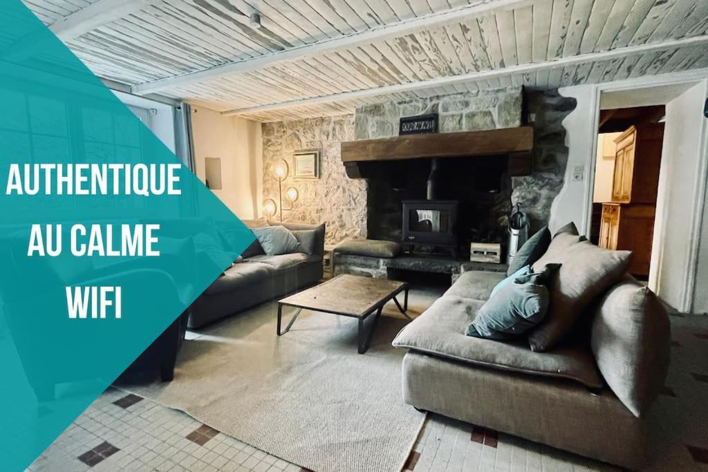 克罗宗Saint Norgard - hameau breton的带沙发和壁炉的客厅