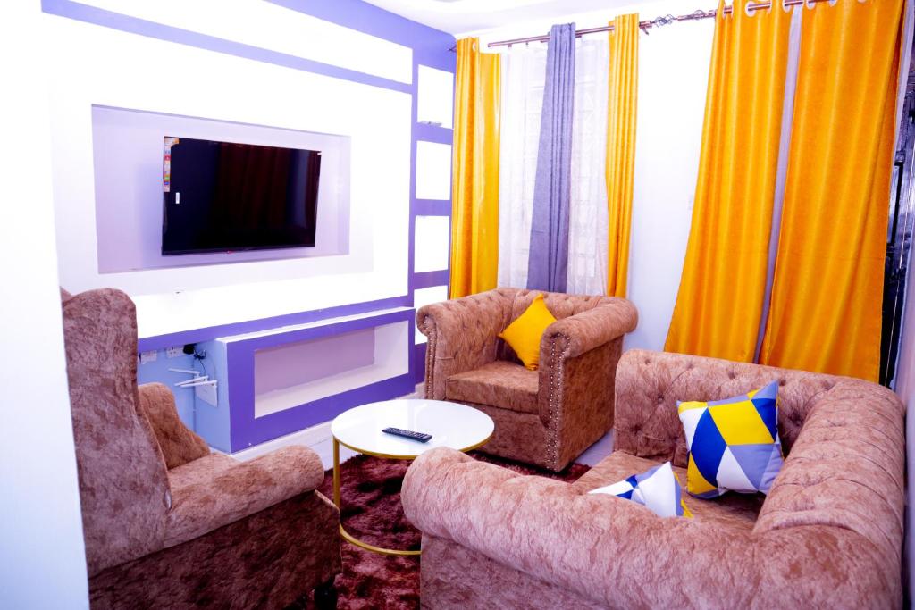 Langata RongaiSpringStone executive suite Rm 18的客厅配有两把椅子和电视