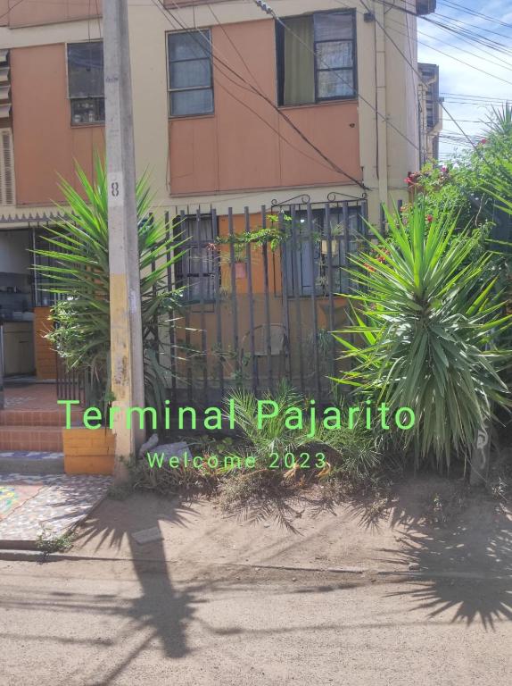 圣地亚哥Terminal Pajarito的棕榈树建筑前的围栏