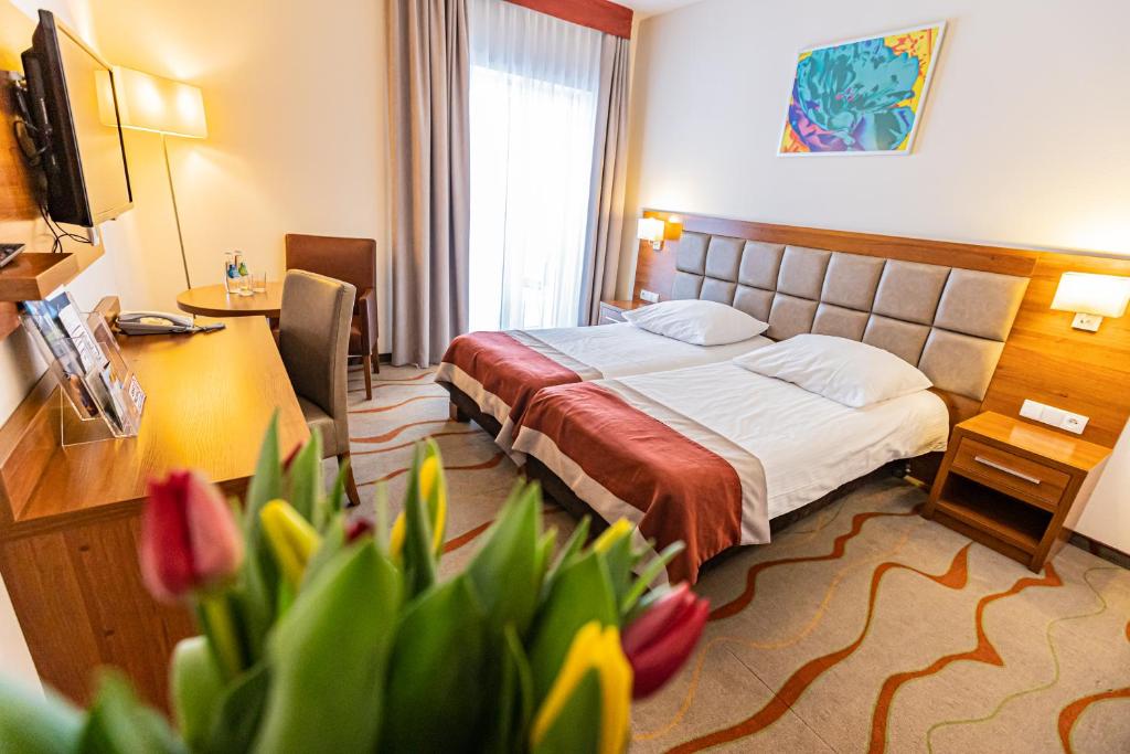 Skomielna CzarnaHotel Olivia Medical SPA的配有一张床和一张书桌的酒店客房