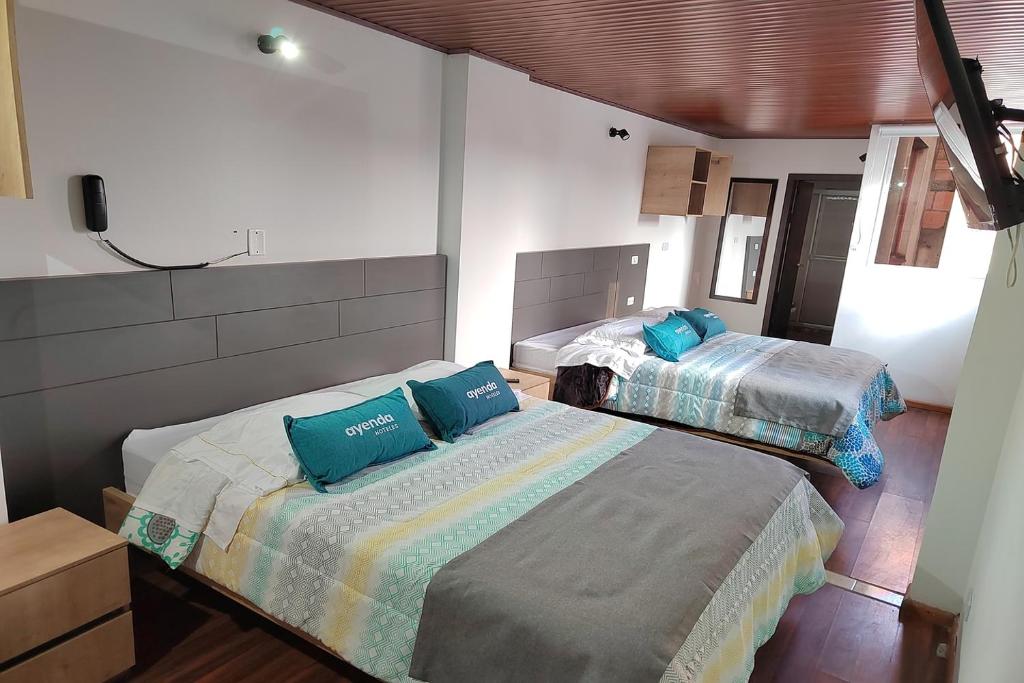 波哥大Ayenda Gold House的一间卧室配有两张带蓝色枕头的床