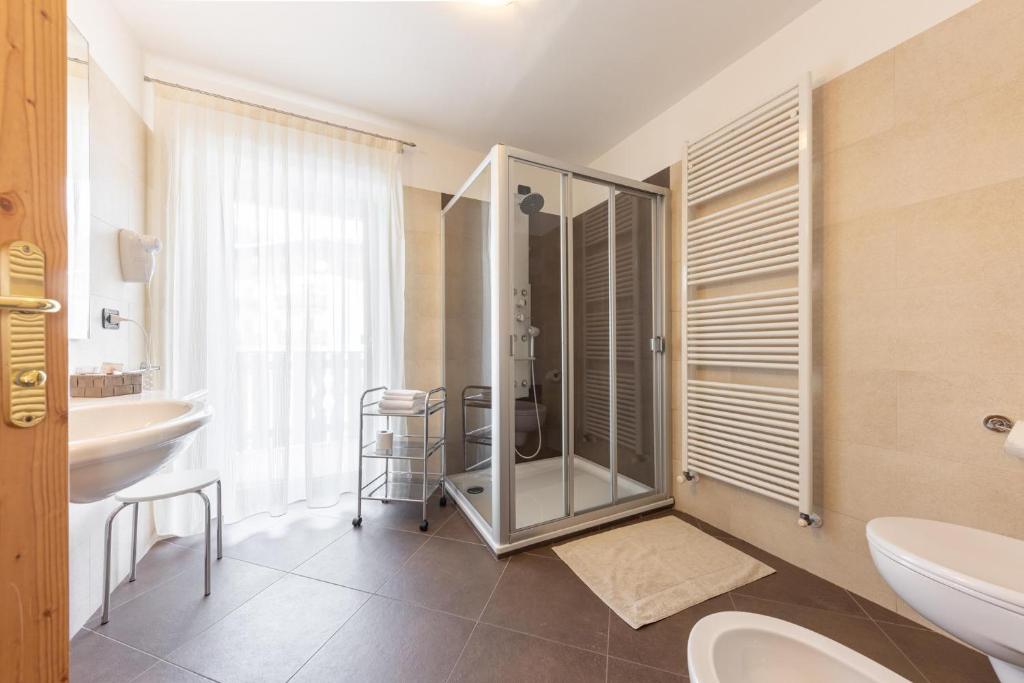 圣马蒂诺-迪卡斯特罗扎阿德勒酒店的带淋浴、卫生间和盥洗盆的浴室