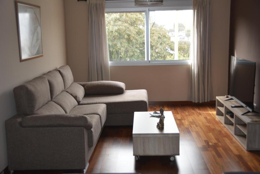 大加那利岛拉斯帕尔马斯Apartamento complejo residencial的带沙发和电视的客厅