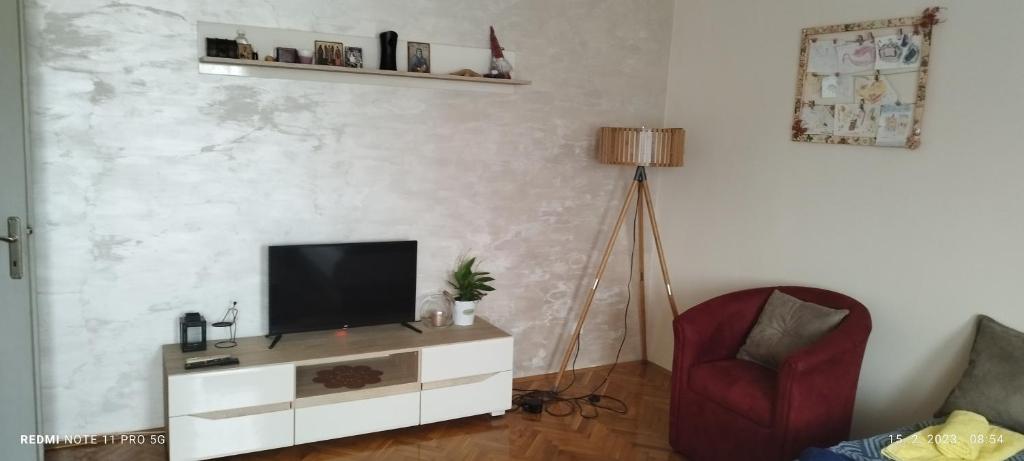 阿然德洛维克Apartman LENA的一间带电视和红色椅子的客厅