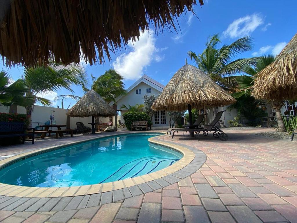 努尔德阿鲁巴岛热带公寓的一个带桌子和稻草遮阳伞的游泳池