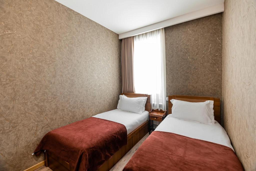 巴库里阿尼Villa (second floor) in CRYSTAL的酒店客房设有两张床和窗户。