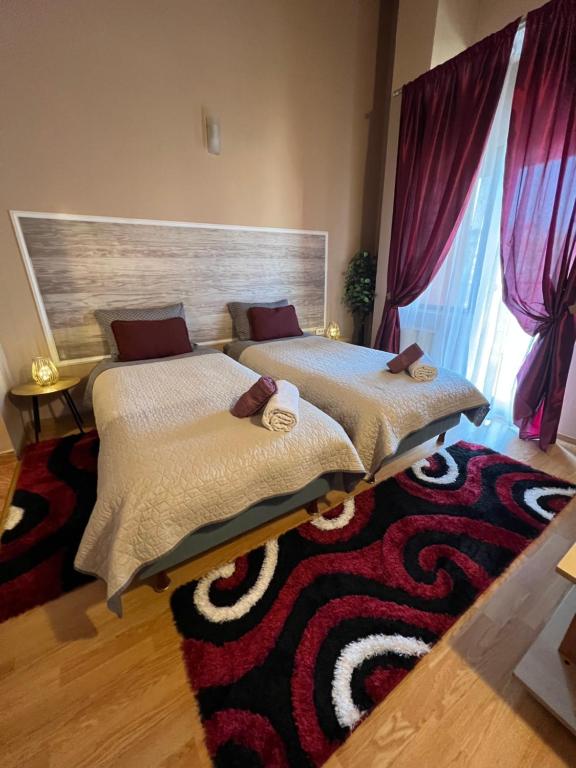 蒂米什瓦拉PENSIUNEA UNO的卧室内的两张床,铺有地毯