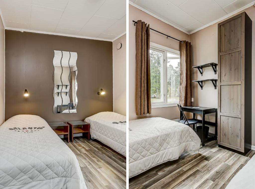 Lärbro莱尔布鲁/格兰内恩STF旅馆的两张图片,卧室配有两张床和一张书桌