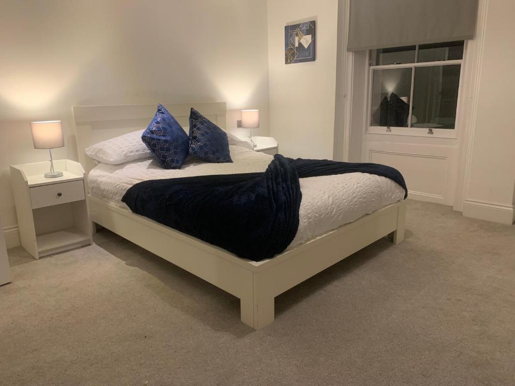 赫尔HU1 Triplex City Centre Gem sleeps 6 H7的一间卧室配有一张带蓝色枕头的床和一扇窗户。