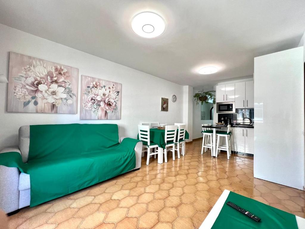 圣克鲁斯-德特内里费Three bedroom apartment in center of Santa Cruz with Wifi and parking place的一间带绿色沙发的客厅和一间厨房