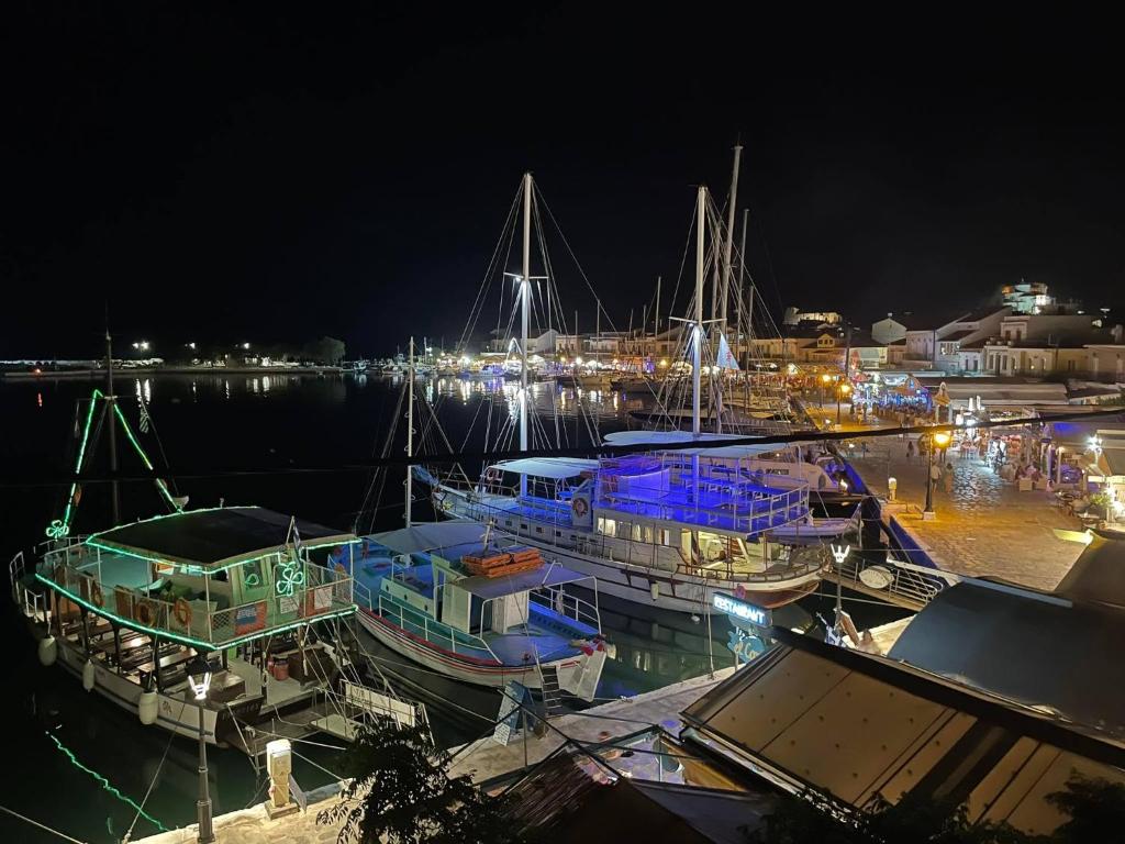 毕达哥利翁Aegean Blu Port House Pythagoreio的一群船在晚上停靠在码头