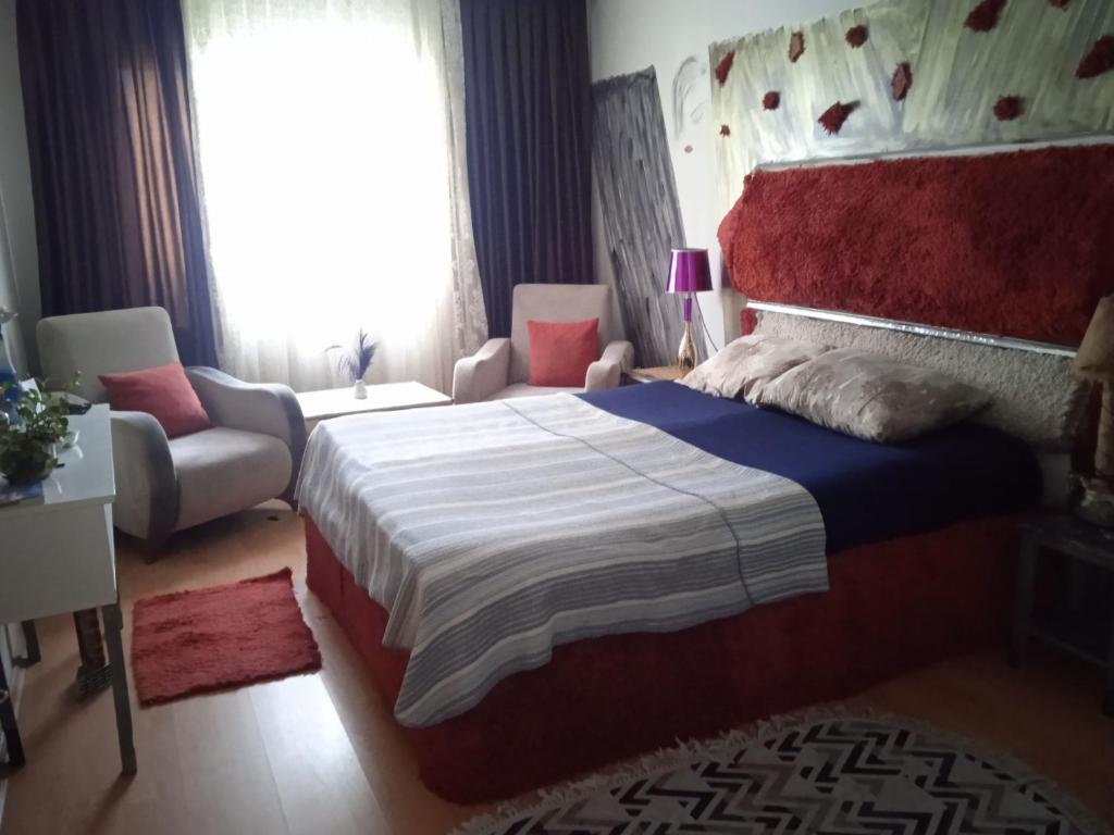 伊斯坦布尔Private Room in Istanbul #61的卧室配有床、椅子和窗户。