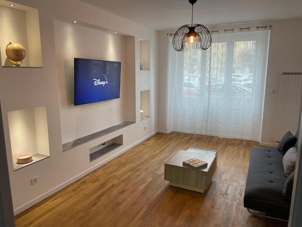 贝尔福Appartement du lion的客厅配有沙发和墙上的电视