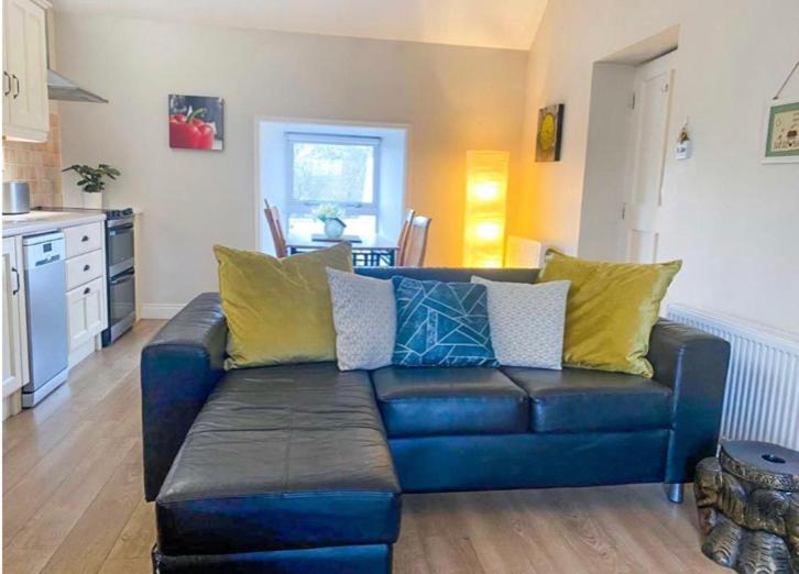 KincasslaghVillage Way Apartments的客厅配有蓝色沙发及黄色枕头