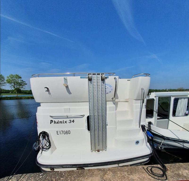 BazollesMagnifique bateau au coeur du Nivernais à l'étang de BAYE的停在水体旁边的白色船只