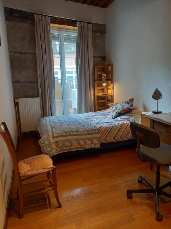格勒诺布尔Chambre chez l'habitant, room for rent的一间卧室配有一张床、一张桌子和一把椅子