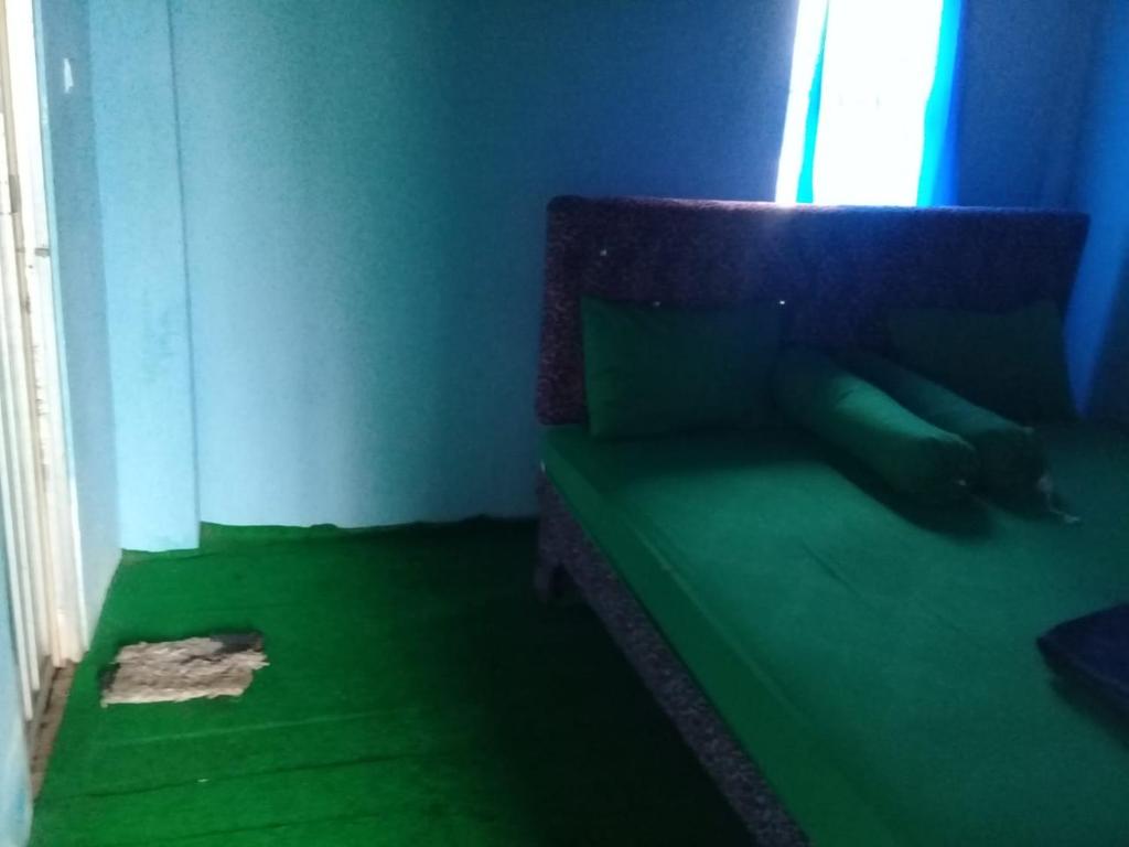 MalinoPenginapan PUTRI KEMBAR的一间卧室配有一张绿床,卧室内有一个人躺在床上