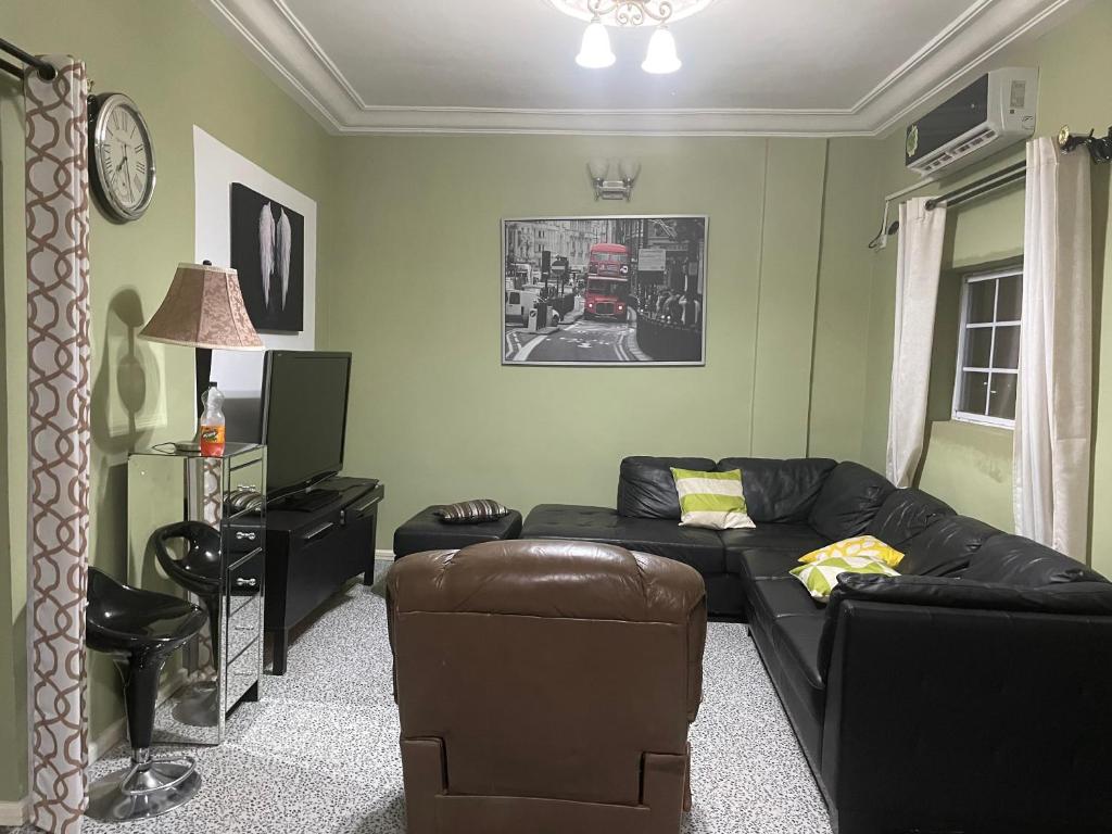BonabériThe Gulch Apartments的客厅配有黑色沙发和电视