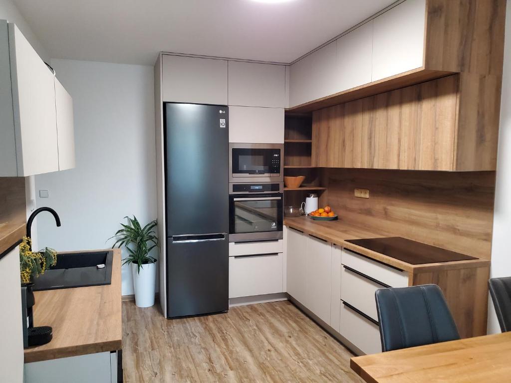 伊钦Nový apartman Eva的厨房配有黑冰箱和白色橱柜。