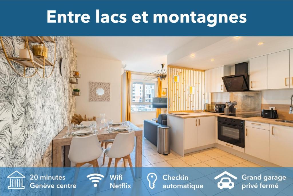 安纳马斯Lac-Montagne-Leman-Geneva, Garage, Tram的厨房配有白色橱柜和桌椅
