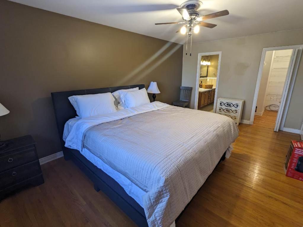 金斯顿Lovely Place的一间卧室配有一张大床和吊扇