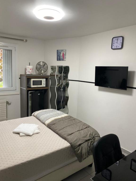 维勒班Résidence Zola 2的卧室配有一张床,墙上配有电视。
