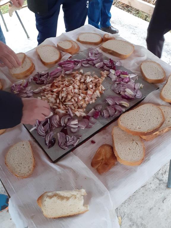 泽尔内什蒂Cazare REGIM HÔTELIER ZĂRNEŞTI的一张桌子上放着面包和洋葱的盘子