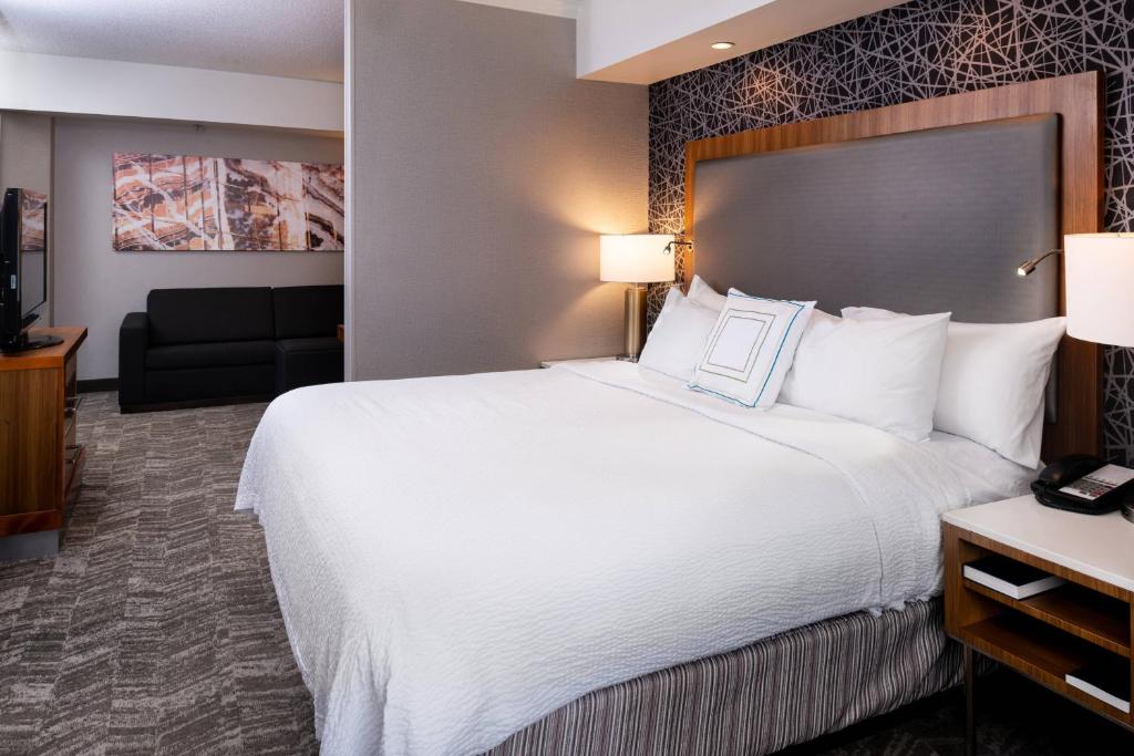 匹兹堡万豪匹兹堡北岸春季山丘套房酒店的酒店客房设有一张大床和一张沙发。