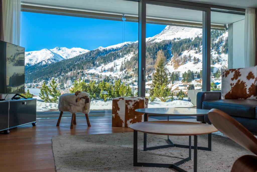 达沃斯Alpen panorama luxury apartment with exclusive access to 5 star hotel facilities的山景客厅
