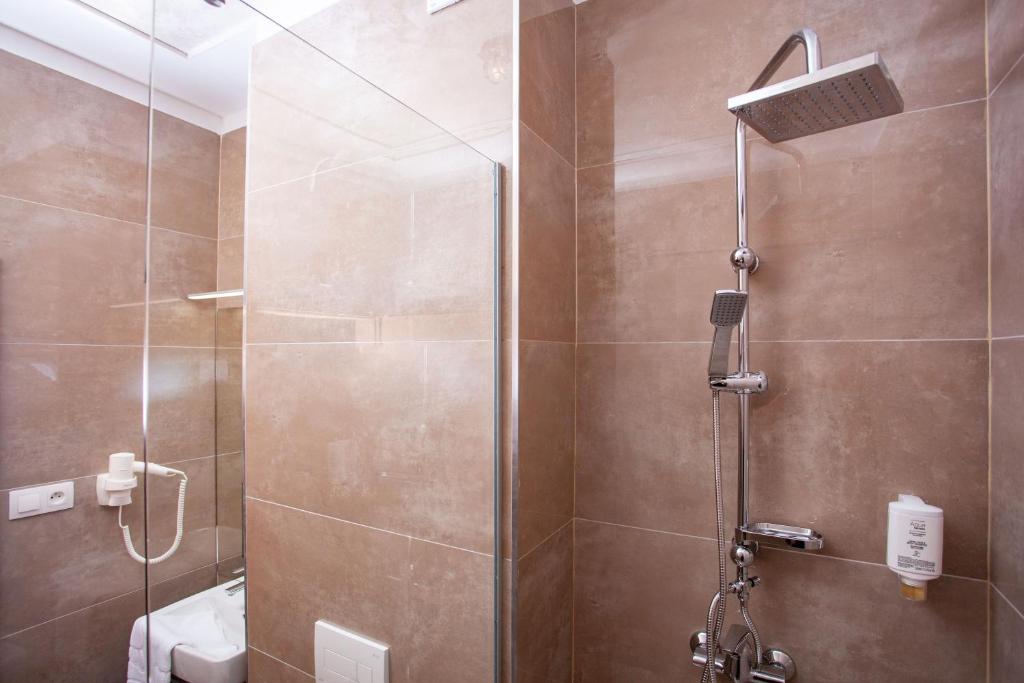 多瑙斯特雷达Villa Dunaj的带淋浴的浴室和玻璃门