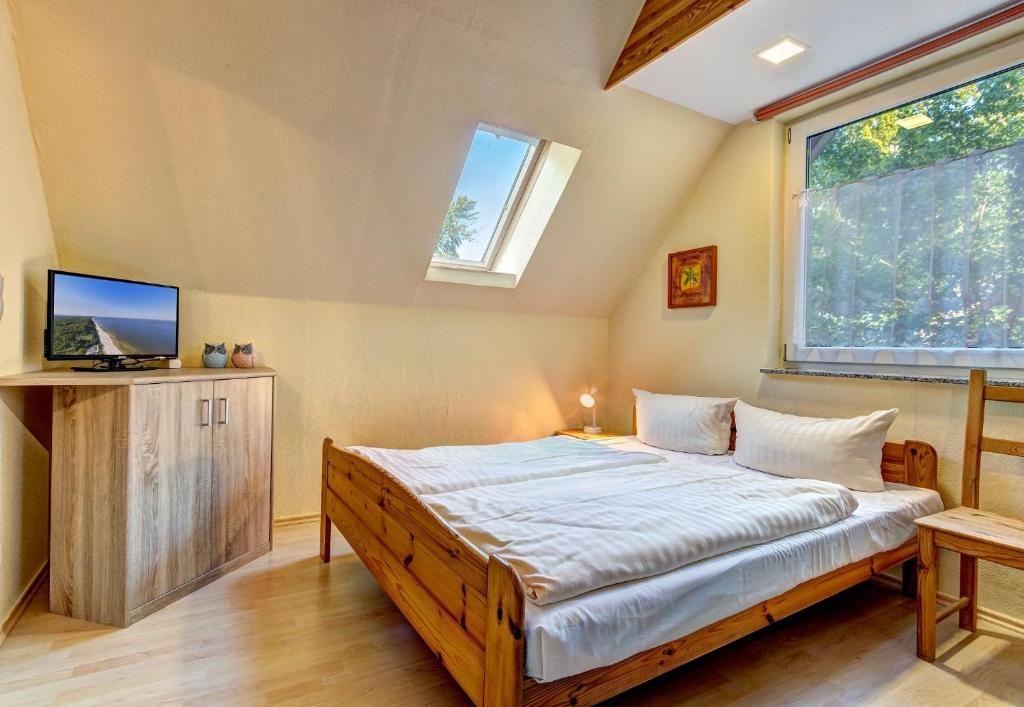 于克里茨Apartment Uferpromenade Steuerboard的一间卧室设有一张床、一台电视和一个窗口。
