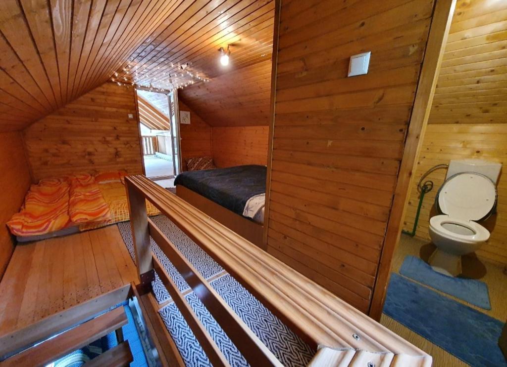 萨拉热窝Mysterylodge Bjelašnica Treskavica的一间设有卫生间的客房和小屋内的一张床