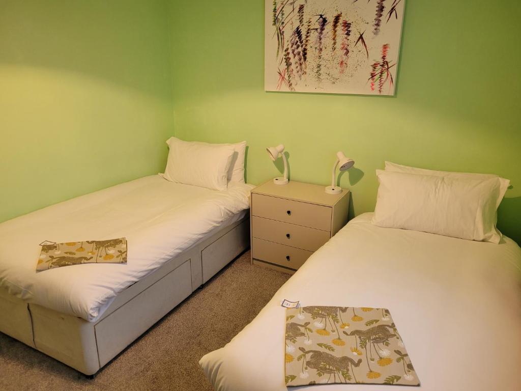 克劳利Rent Unique the Beeches 2bed的绿墙客房中的两张单人床