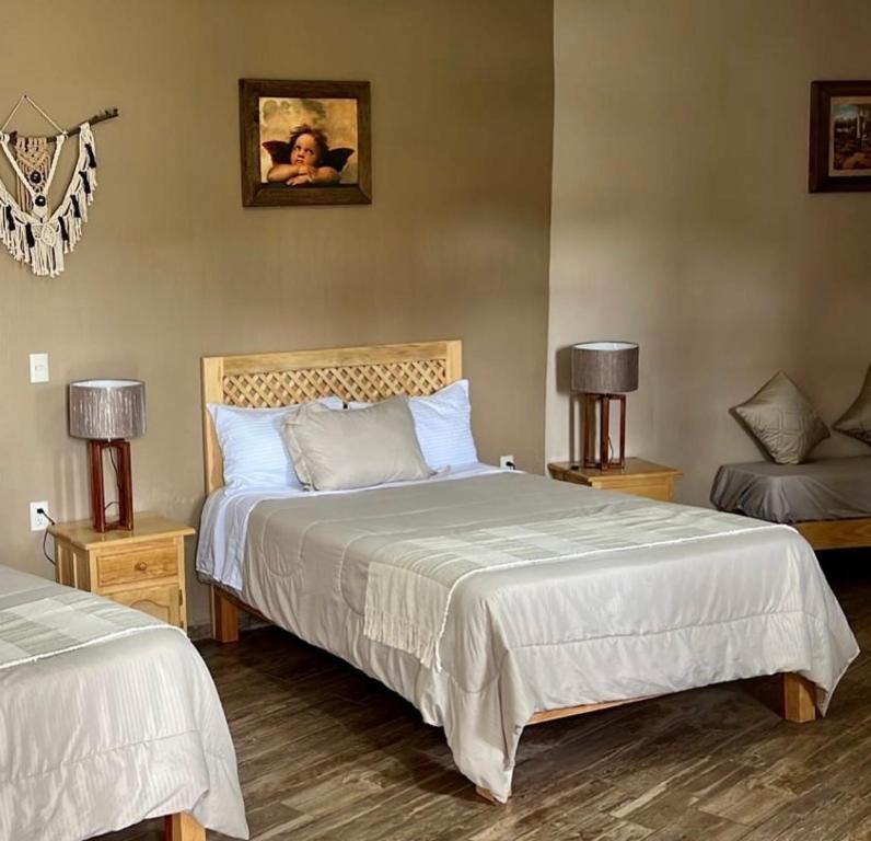 马萨米特拉Hotel Casa Francisca Mazamitla.的一间卧室配有两张床和两盏灯。