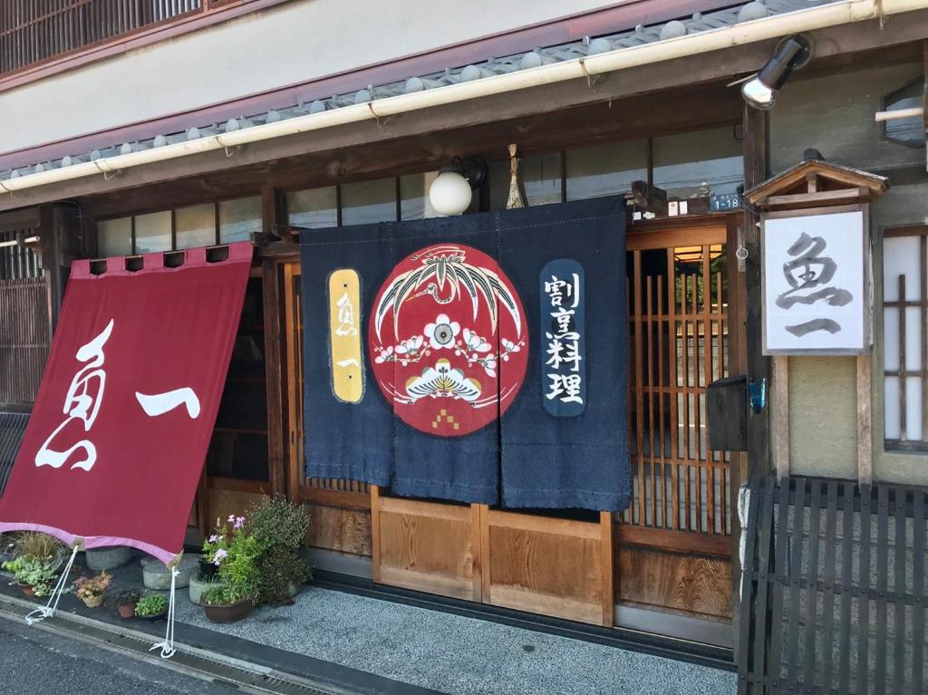 岛田Kappo Ryokan Uoichi的商店前方有旗帜和标志