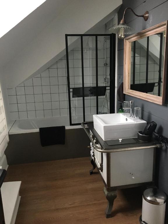 阿尔贝维尔les chambres de pauline appartements的浴室配有盥洗盆和浴缸。