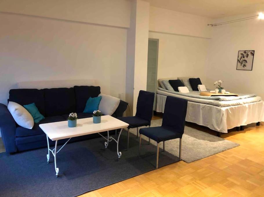 赫尔辛基Stylish spacious studio near centre by the sea的客厅配有沙发、桌子和床。