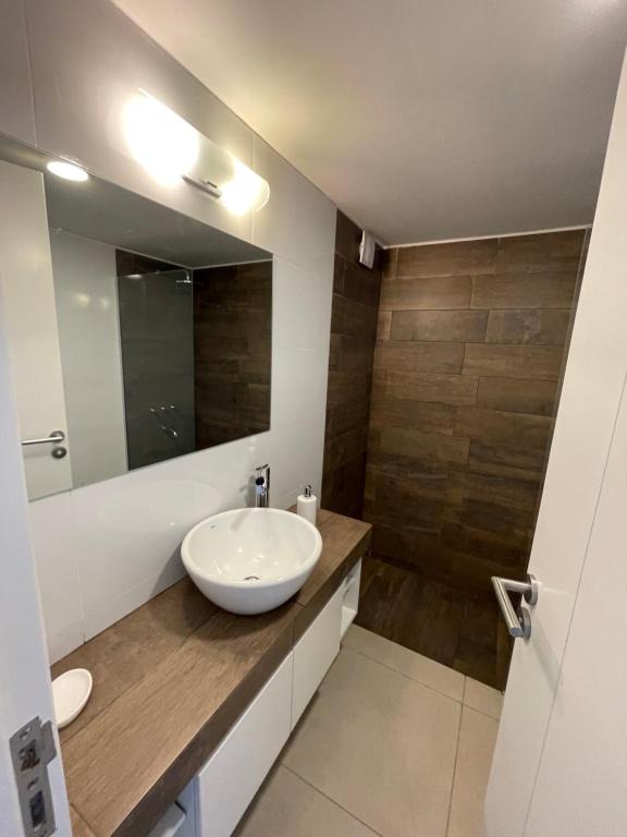 门多萨Amplio y lujoso departamento的一间带水槽和镜子的浴室