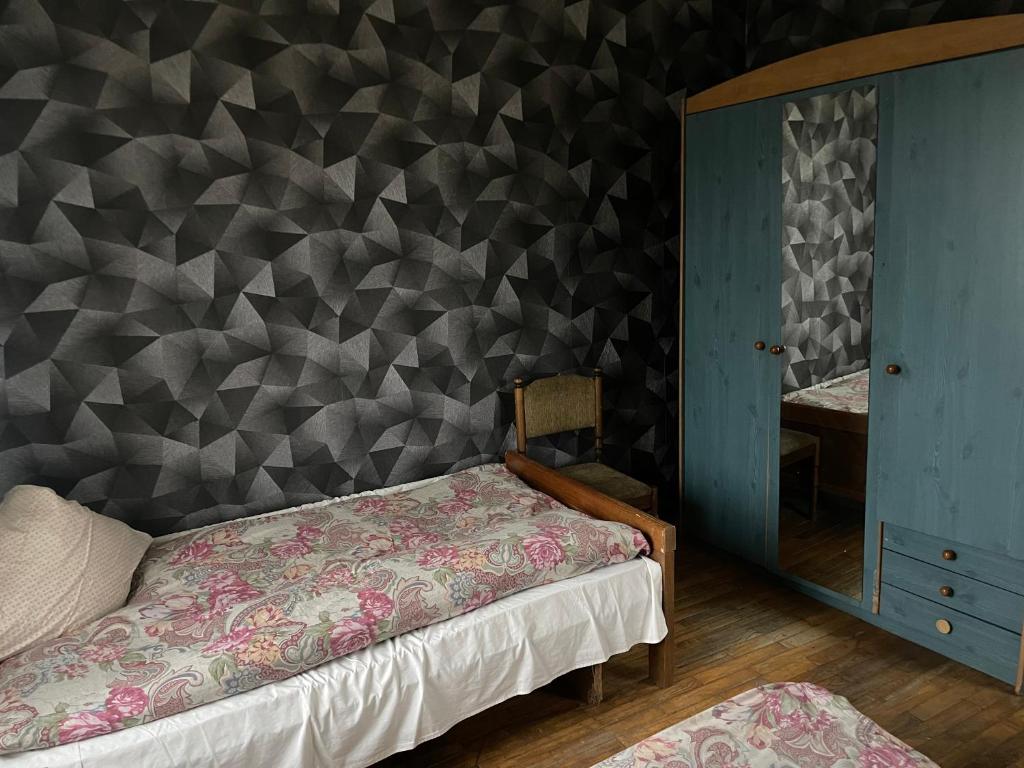 雷泽克内Nakts zvaigzne的一间卧室设有一张床和几何墙